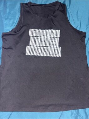Run The World Black Graphic Athletic Tank with White Stripe Logo - XL